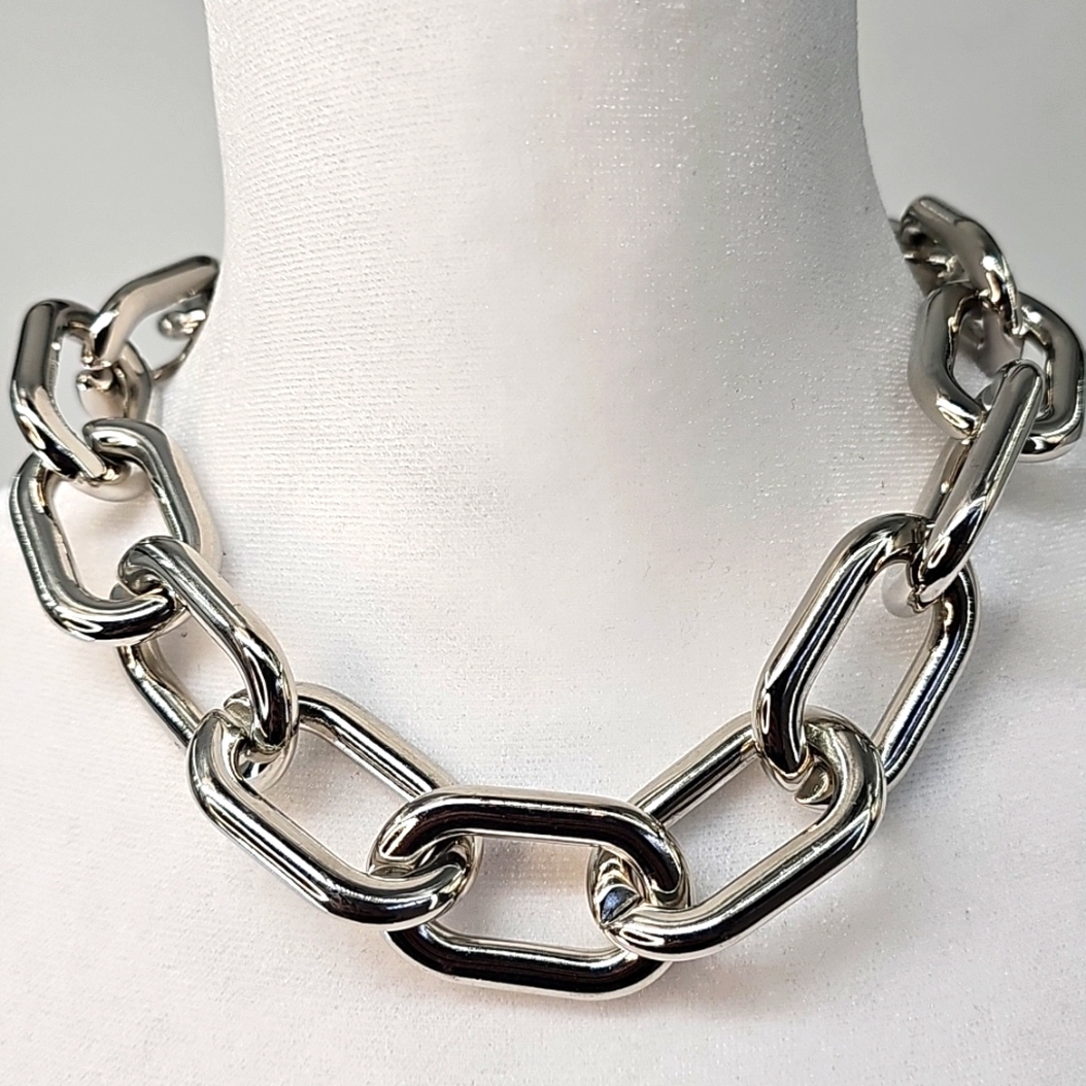 Chunky Thick Chain Link Statement Necklace‎ Faux Silver Lightweight